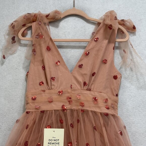 JessaKae Sweetheart Dress Womens Medium Pink Tulle Sequin Heart Bow Tie Maxi - Picture 3 of 12